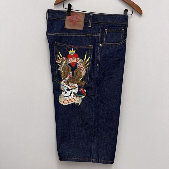 Ed Hardy Y2K Mens 38 Button Fly Wide Leg Jean 16" Shorts Embroidered Eagle Skull - Picture 6 of 12